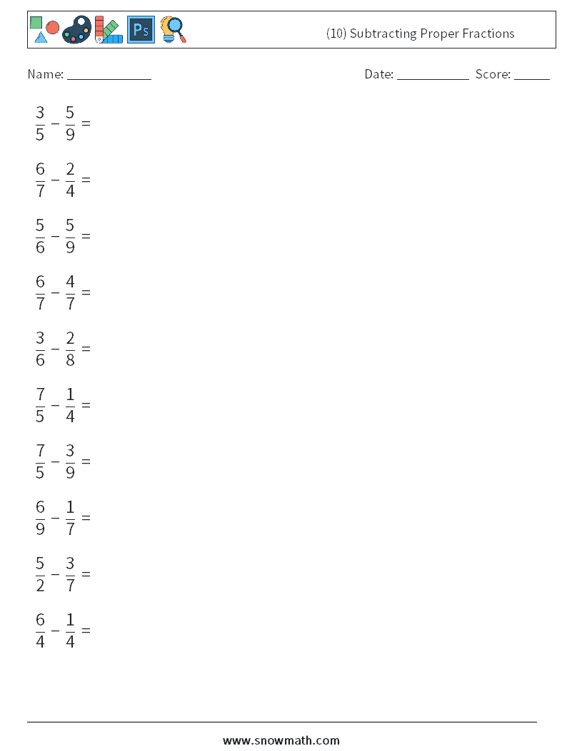 (10) Subtracting Proper Fractions Math Worksheets 13