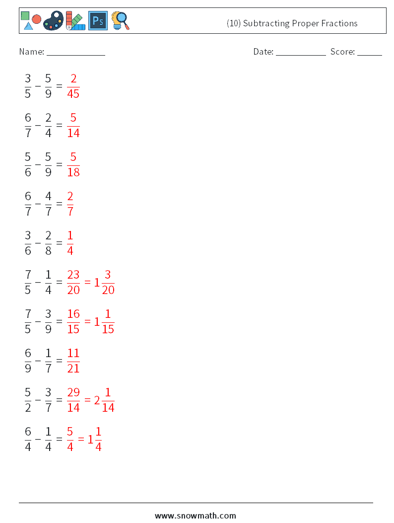 (10) Subtracting Proper Fractions Math Worksheets 13 Question, Answer