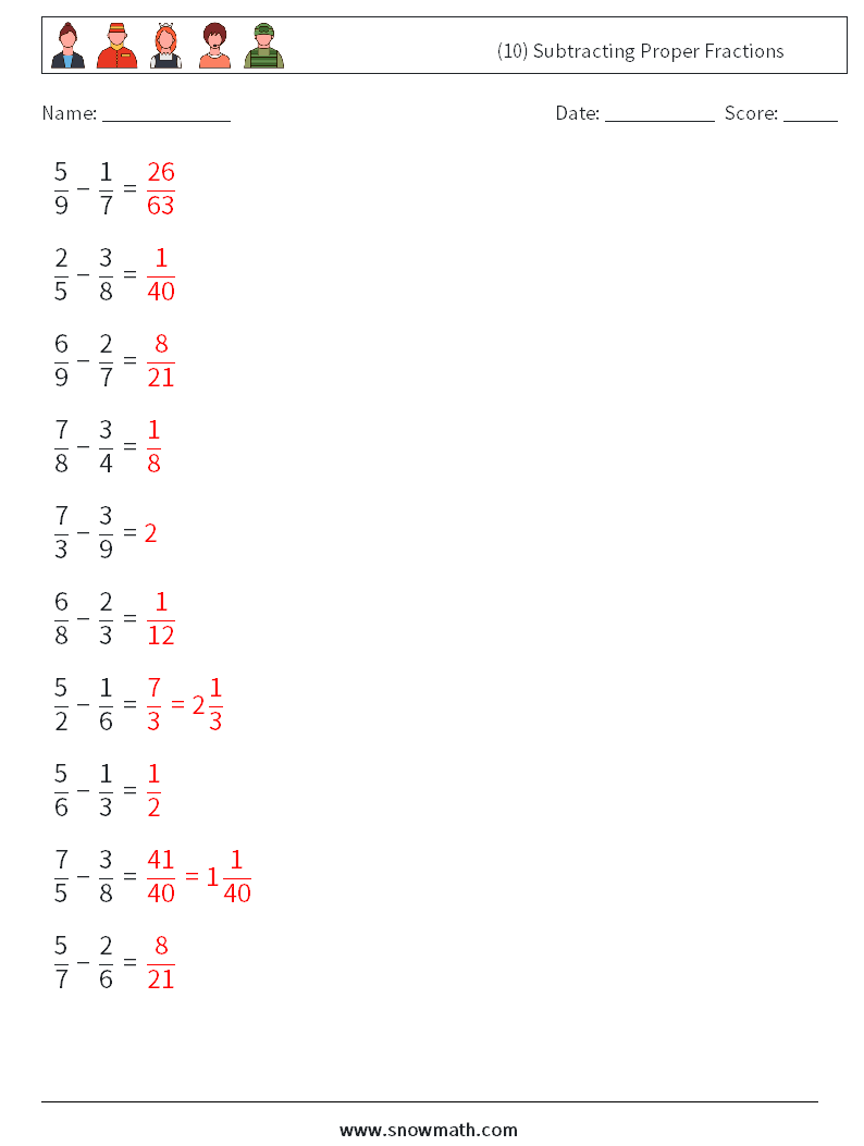(10) Subtracting Proper Fractions Math Worksheets 14 Question, Answer