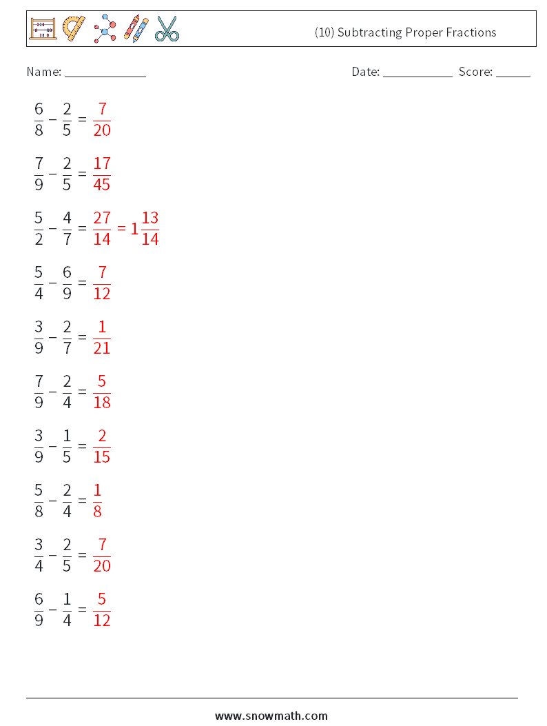(10) Subtracting Proper Fractions Math Worksheets 15 Question, Answer