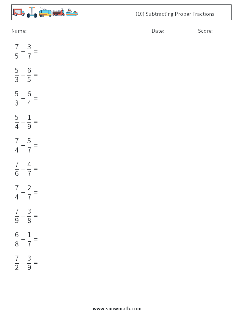 (10) Subtracting Proper Fractions Maths Worksheets 16