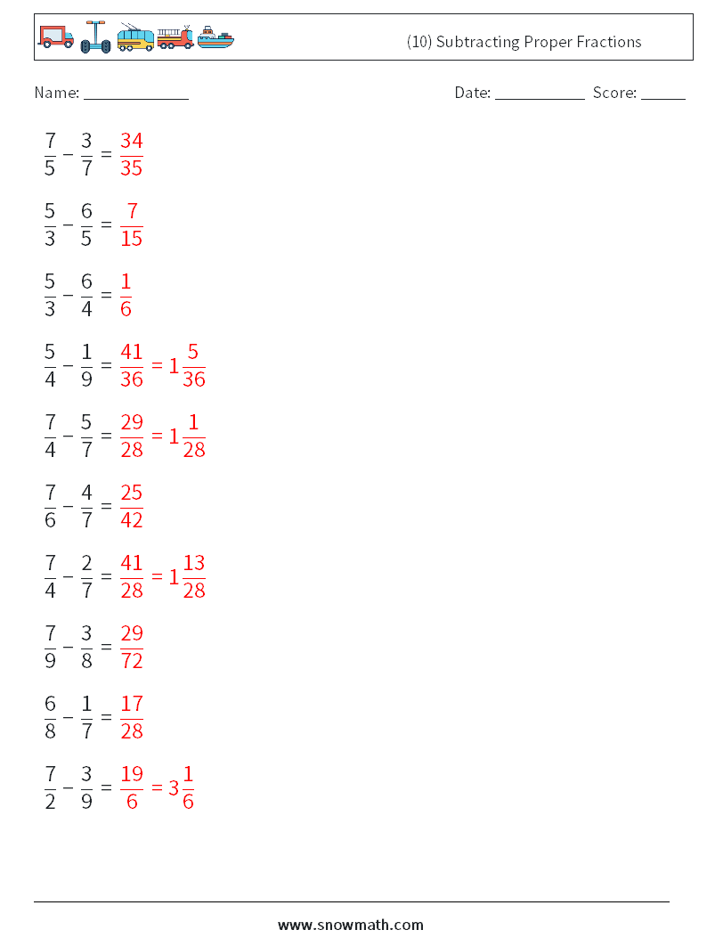 (10) Subtracting Proper Fractions Math Worksheets 16 Question, Answer