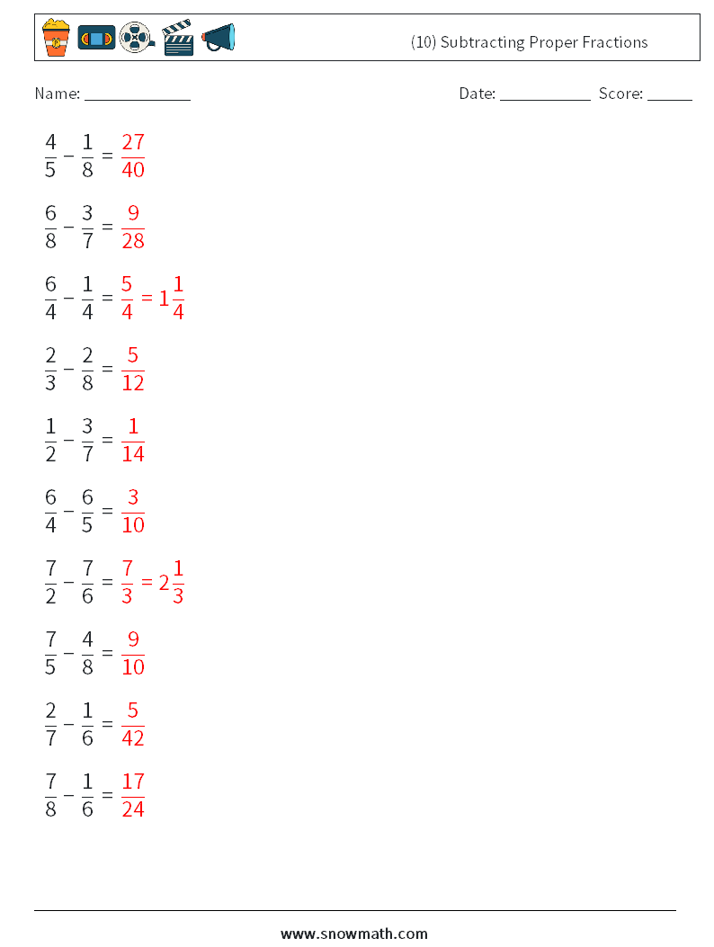 (10) Subtracting Proper Fractions Math Worksheets 17 Question, Answer