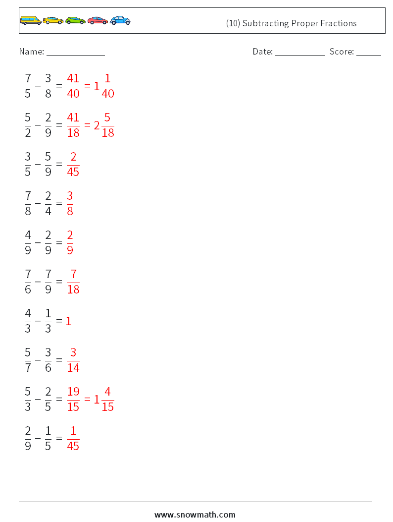 (10) Subtracting Proper Fractions Math Worksheets 18 Question, Answer