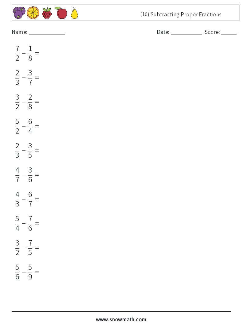 (10) Subtracting Proper Fractions Maths Worksheets 2