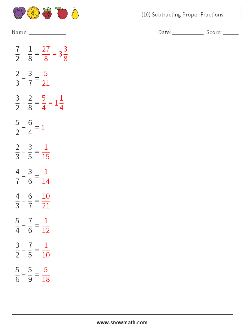 (10) Subtracting Proper Fractions Math Worksheets 2 Question, Answer