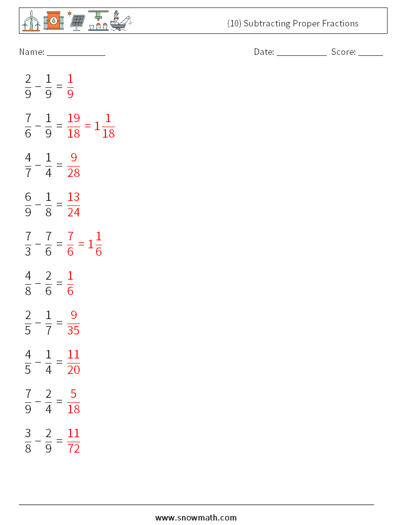 (10) Subtracting Proper Fractions Math Worksheets 3 Question, Answer