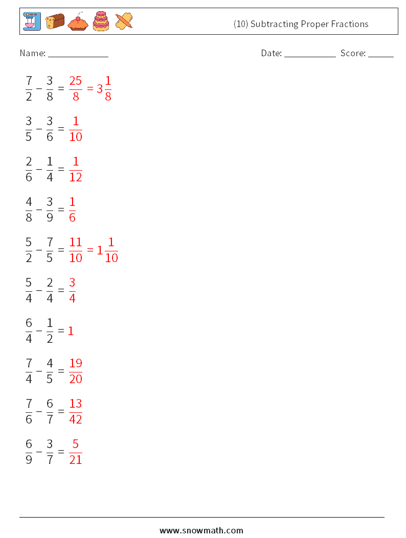 (10) Subtracting Proper Fractions Math Worksheets 5 Question, Answer
