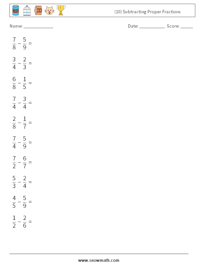 (10) Subtracting Proper Fractions Math Worksheets 9