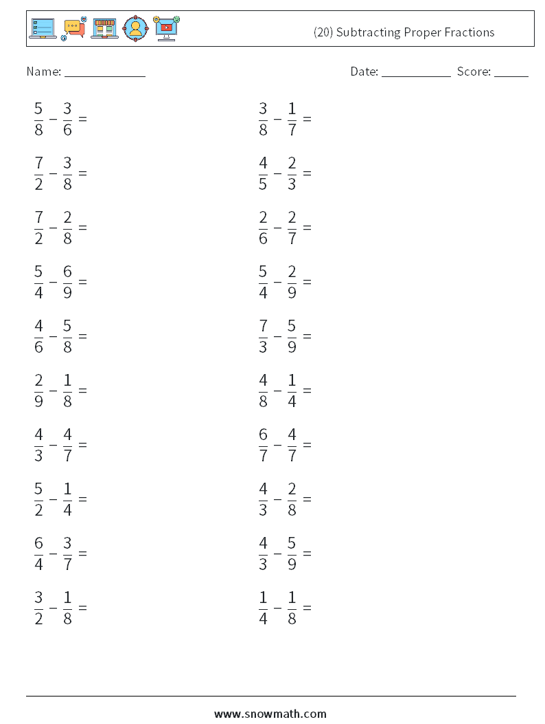 (20) Subtracting Proper Fractions Math Worksheets 18