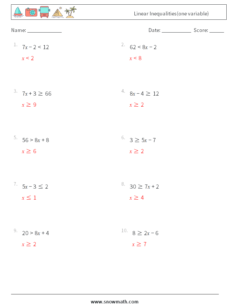 Linear Inequalities(one variable) Math Worksheets 2 Question, Answer