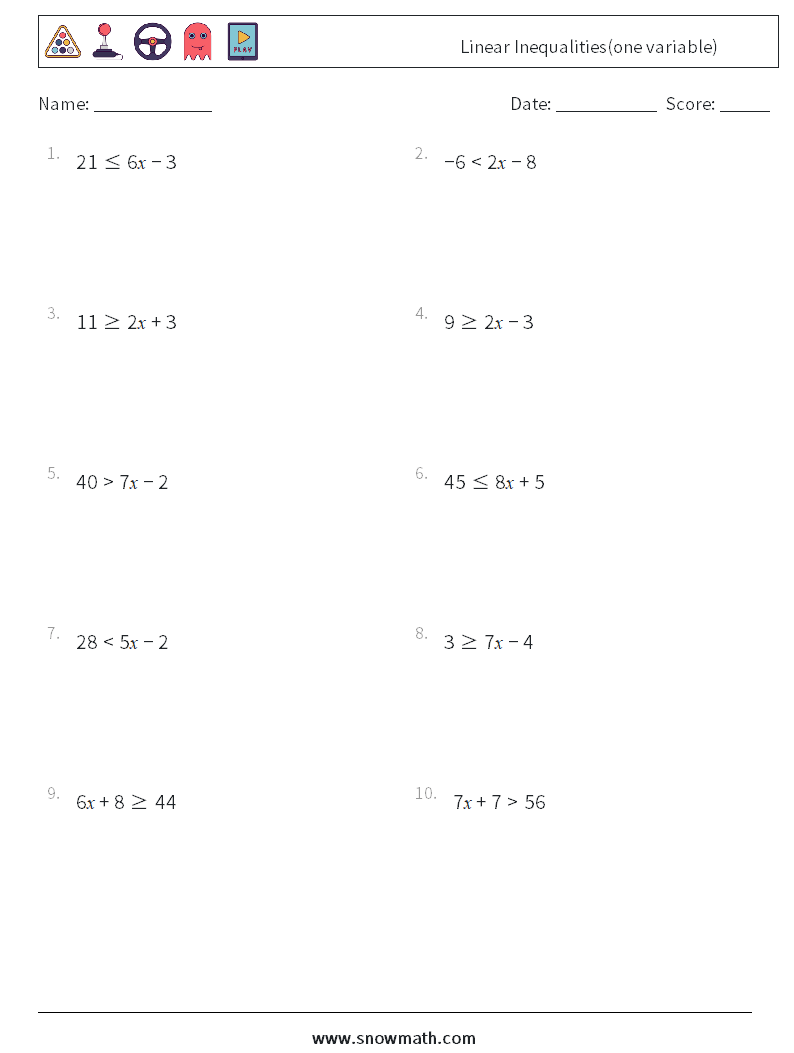 Linear Inequalities(one variable) Math Worksheets 4
