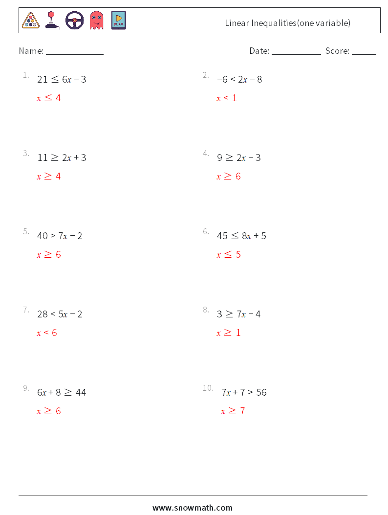 Linear Inequalities(one variable) Math Worksheets 4 Question, Answer