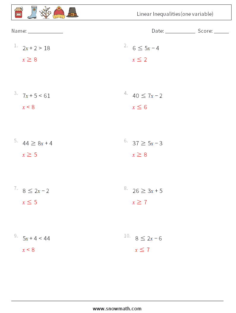 Linear Inequalities(one variable) Math Worksheets 5 Question, Answer