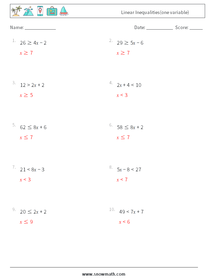 Linear Inequalities(one variable) Math Worksheets 7 Question, Answer