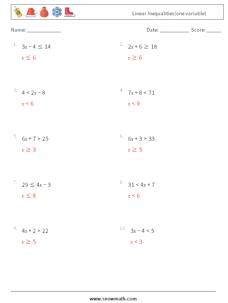 Linear Inequalities(one variable) Math Worksheets 9 Question, Answer