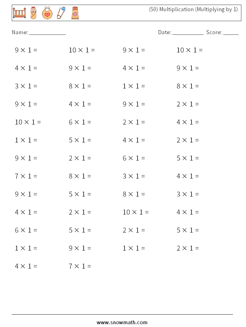 (50) Multiplication (Multiplying by 1) Math Worksheets 3