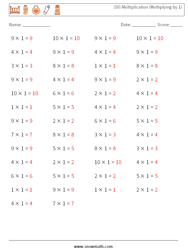 (50) Multiplication (Multiplying by 1) Math Worksheets 3 Question, Answer