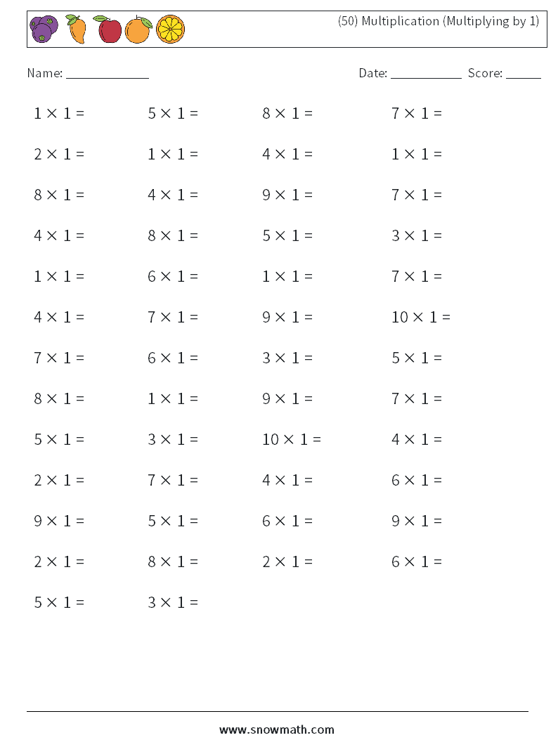 (50) Multiplication (Multiplying by 1) Math Worksheets 4