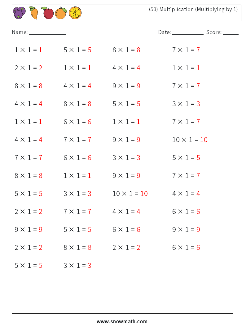 (50) Multiplication (Multiplying by 1) Math Worksheets 4 Question, Answer
