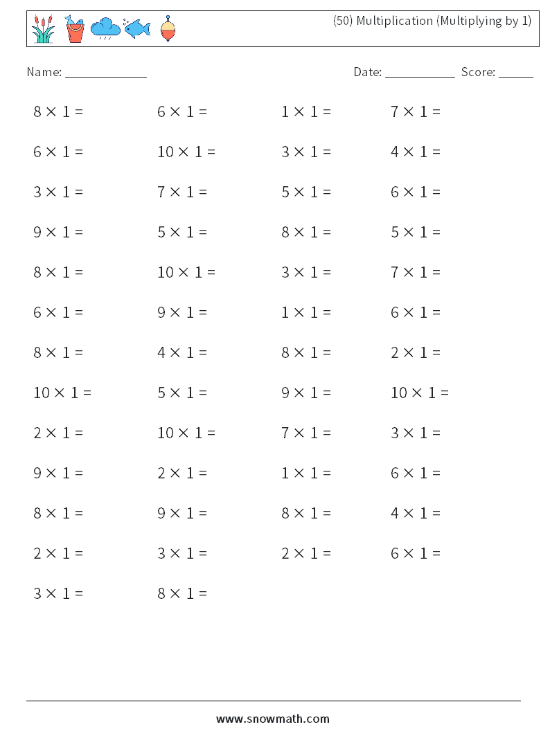 (50) Multiplication (Multiplying by 1) Math Worksheets 7