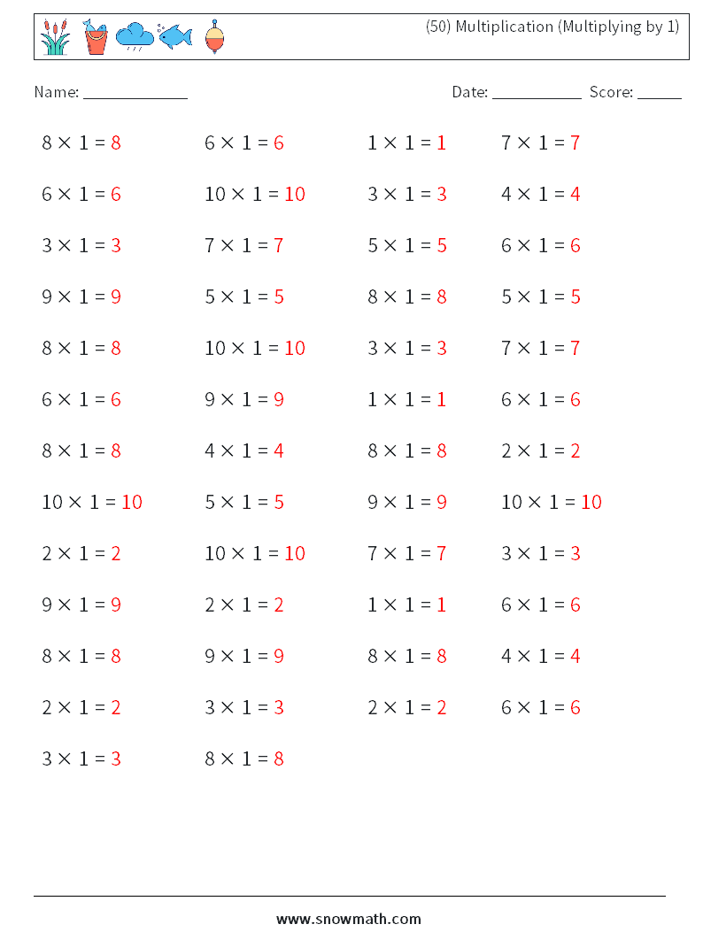 (50) Multiplication (Multiplying by 1) Math Worksheets 7 Question, Answer