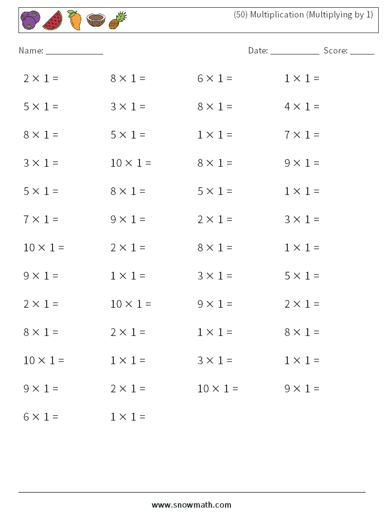 (50) Multiplication (Multiplying by 1) Math Worksheets 8