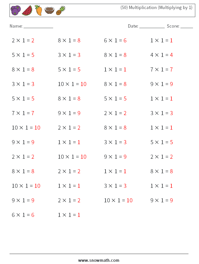(50) Multiplication (Multiplying by 1) Math Worksheets 8 Question, Answer