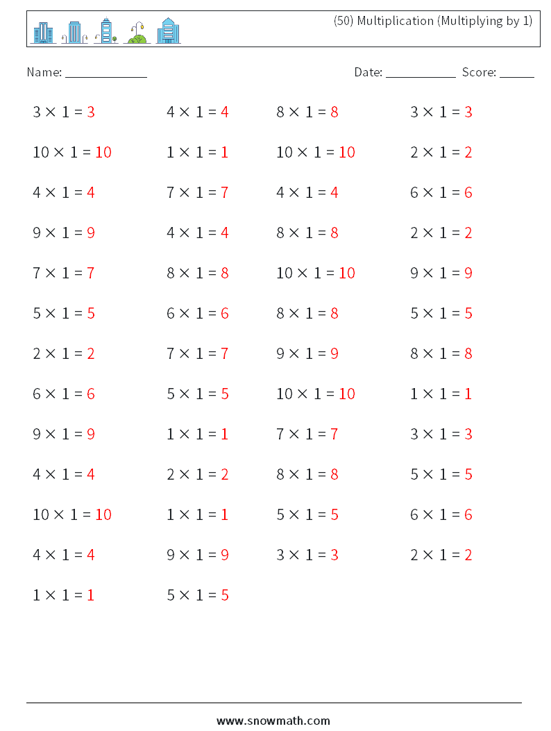 (50) Multiplication (Multiplying by 1) Math Worksheets 9 Question, Answer
