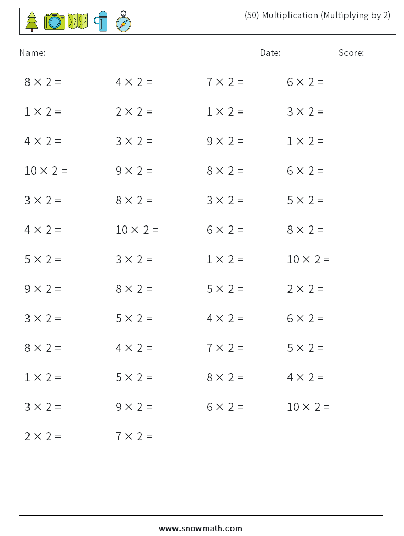 (50) Multiplication (Multiplying by 2) Math Worksheets 5