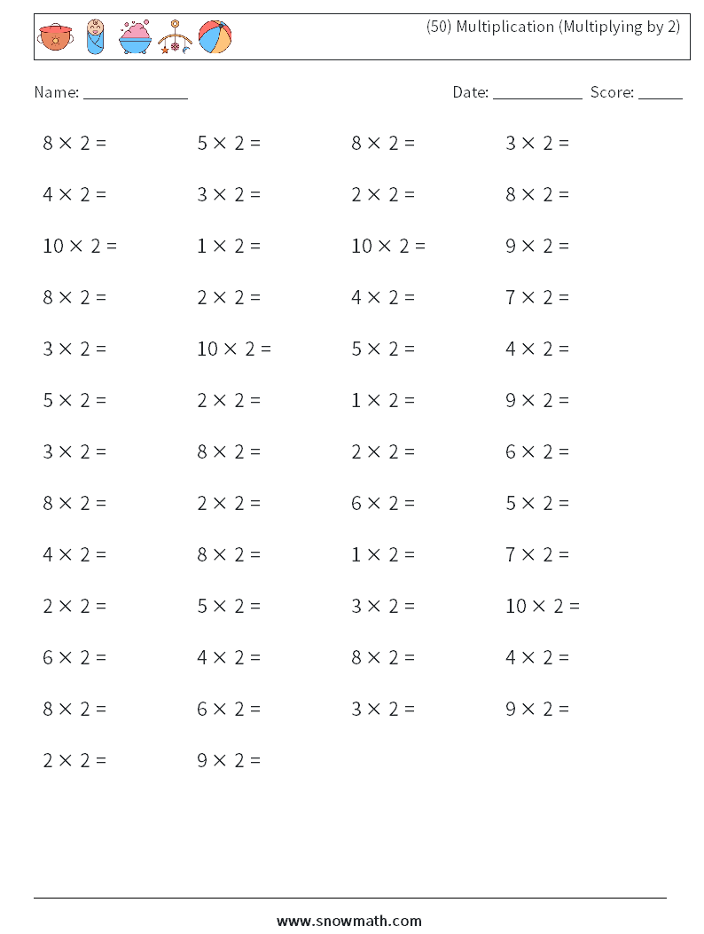 (50) Multiplication (Multiplying by 2) Maths Worksheets 6