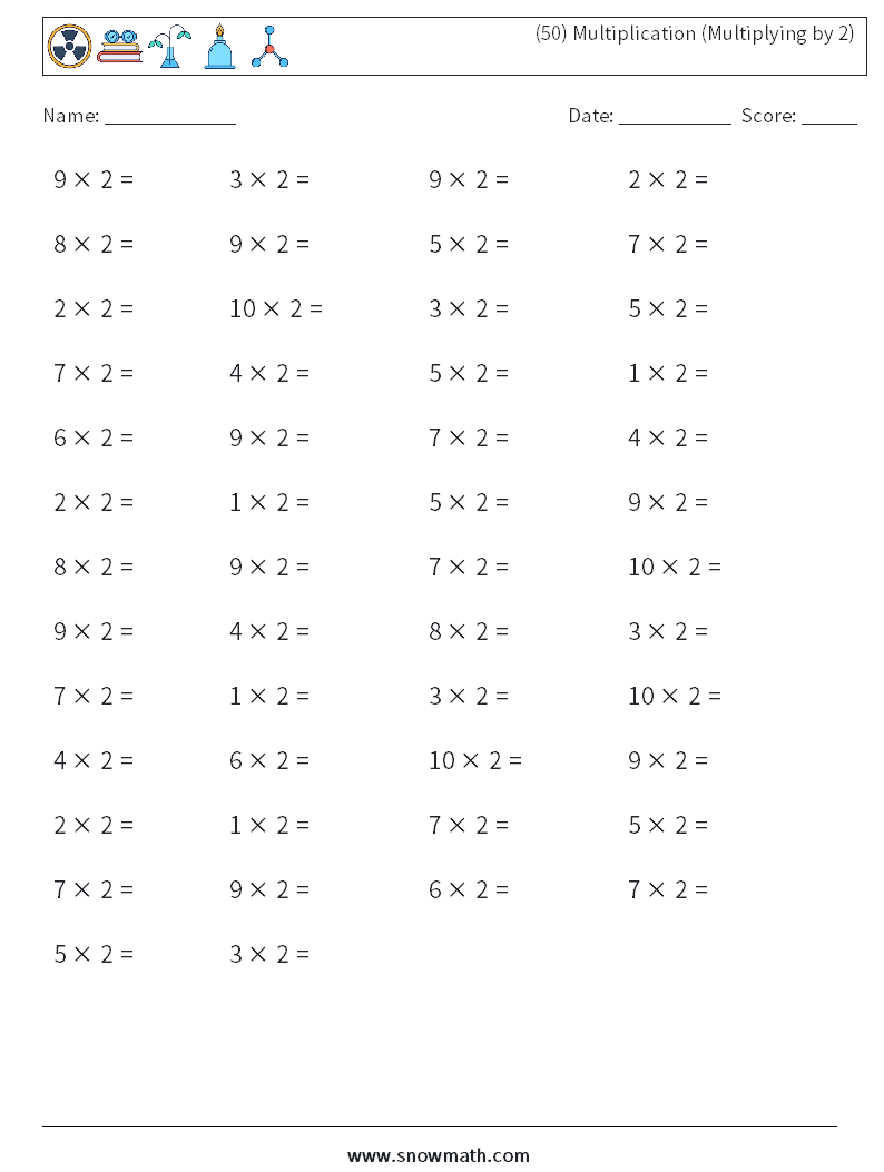 (50) Multiplication (Multiplying by 2) Maths Worksheets 9