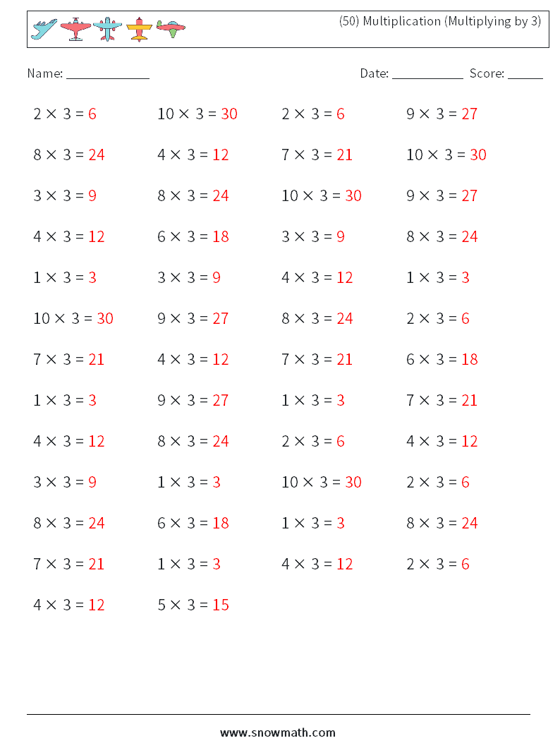 (50) Multiplication (Multiplying by 3) Math Worksheets 1 Question, Answer