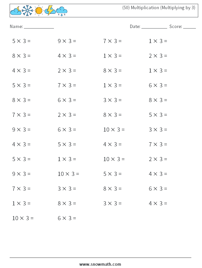 (50) Multiplication (Multiplying by 3) Math Worksheets 2