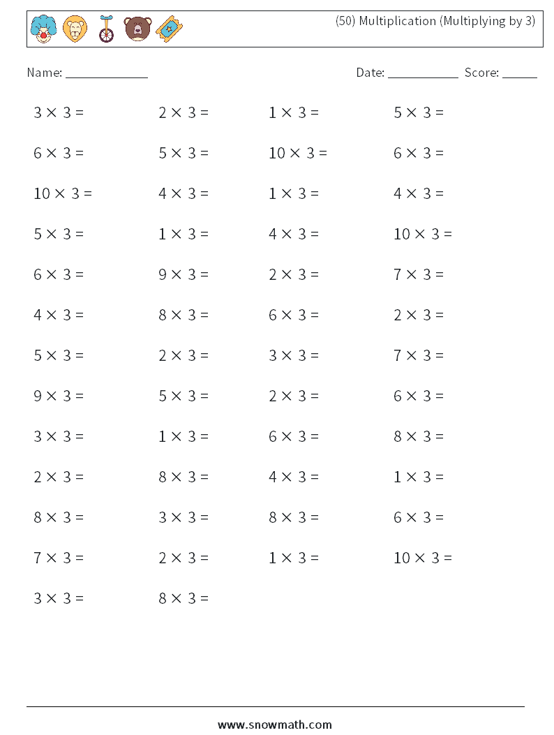 (50) Multiplication (Multiplying by 3) Math Worksheets 3