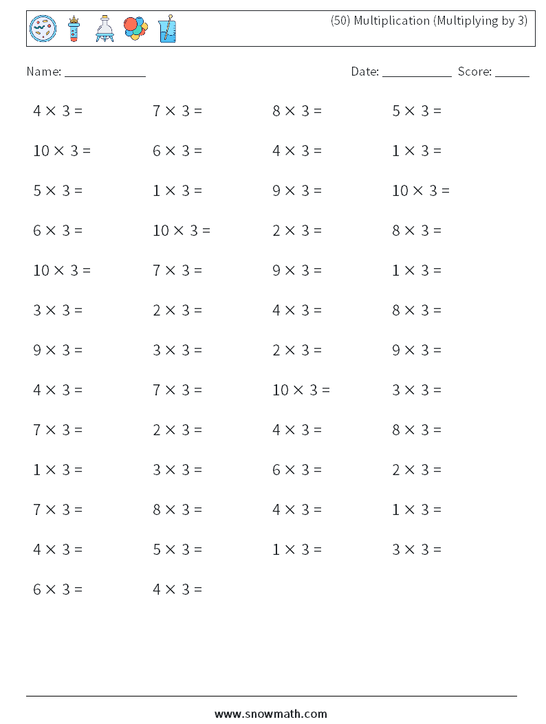 (50) Multiplication (Multiplying by 3) Math Worksheets 4