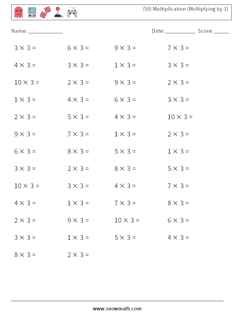 (50) Multiplication (Multiplying by 3) Maths Worksheets 6