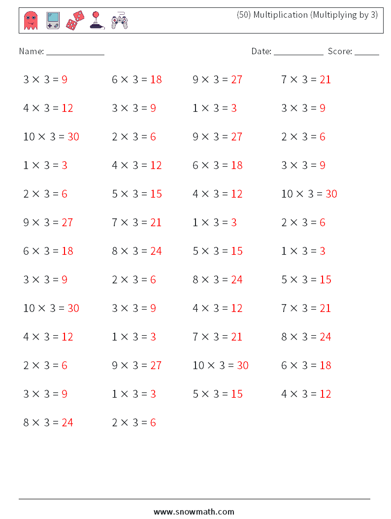 (50) Multiplication (Multiplying by 3) Math Worksheets 6 Question, Answer