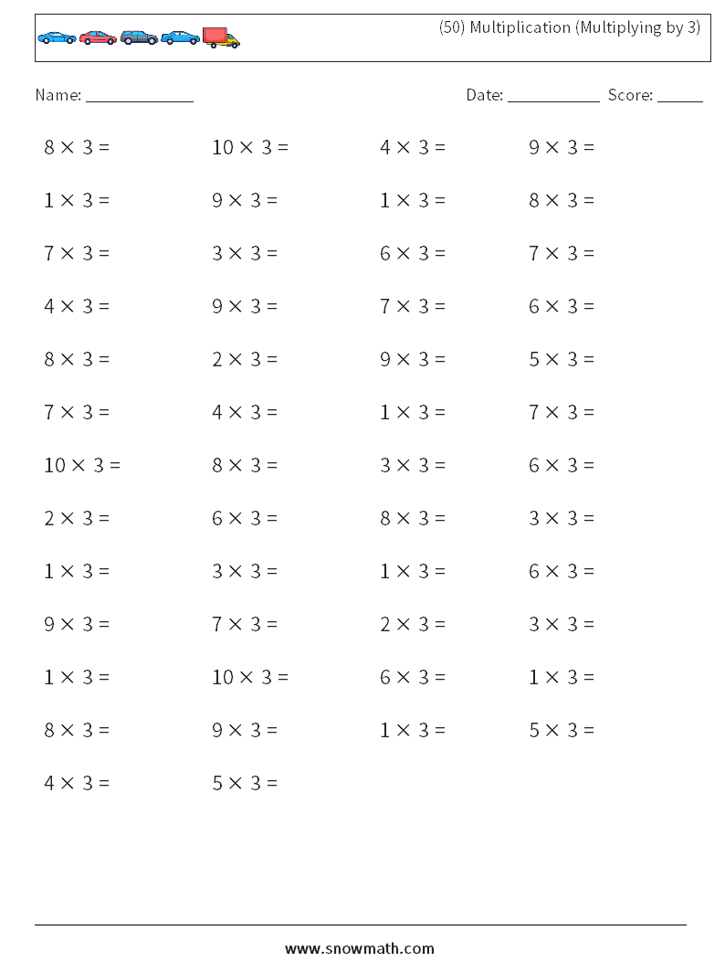 (50) Multiplication (Multiplying by 3) Math Worksheets 8