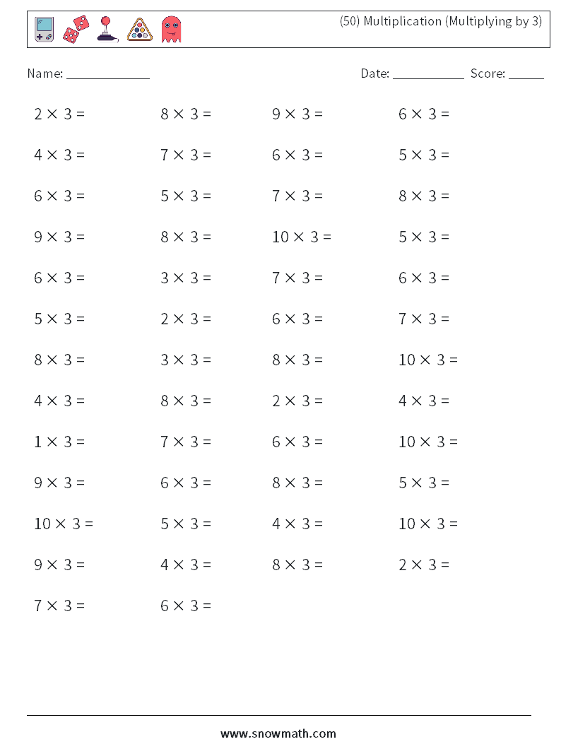 (50) Multiplication (Multiplying by 3) Maths Worksheets 9