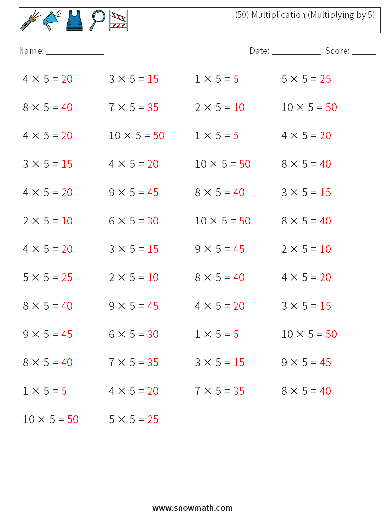 (50) Multiplication (Multiplying by 5) Math Worksheets 1 Question, Answer