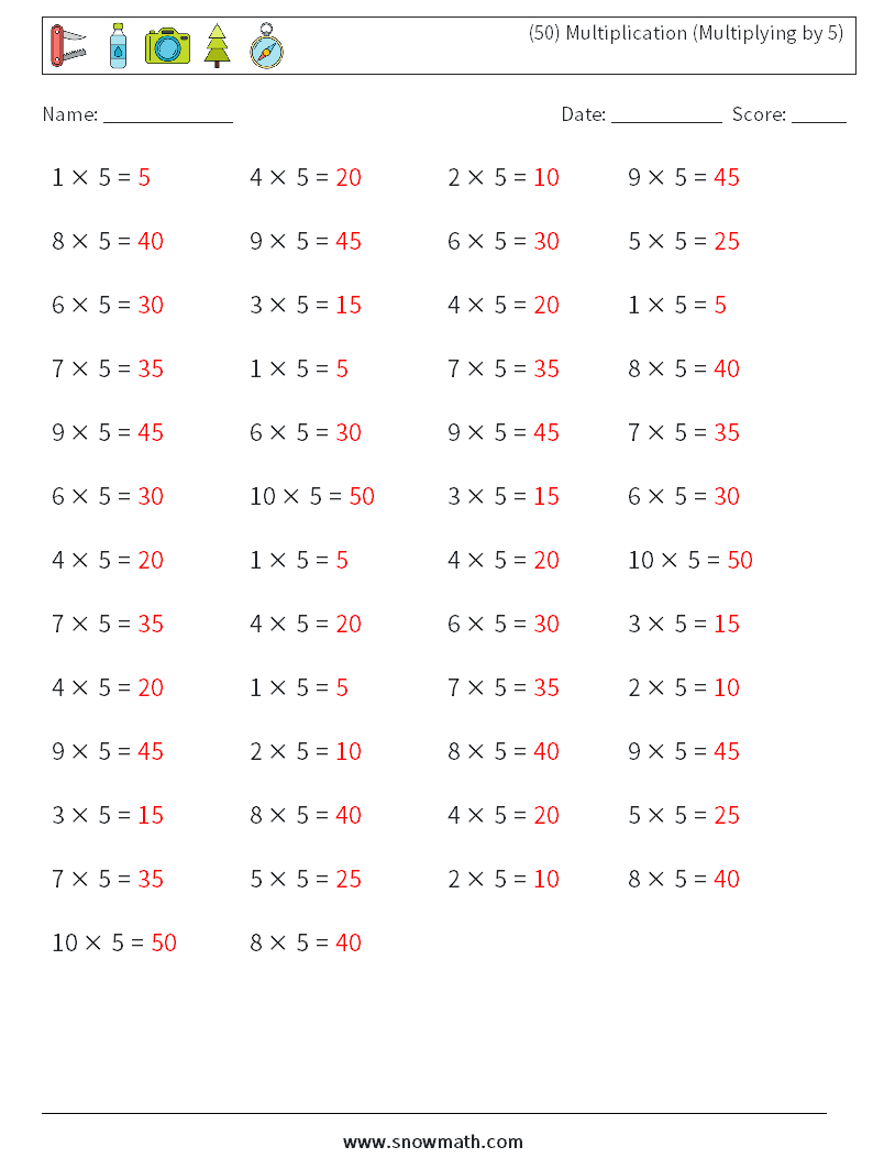 (50) Multiplication (Multiplying by 5) Math Worksheets 5 Question, Answer