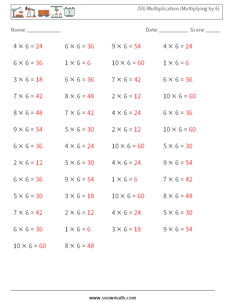 (50) Multiplication (Multiplying by 6) Math Worksheets 2 Question, Answer