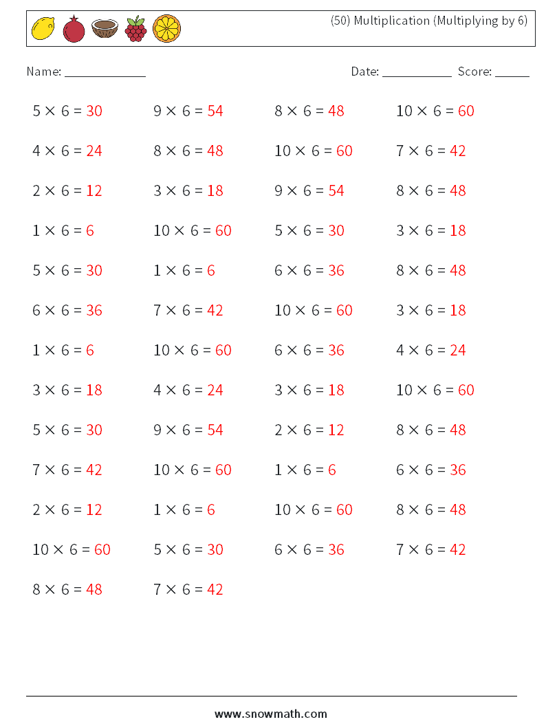 (50) Multiplication (Multiplying by 6) Math Worksheets 4 Question, Answer