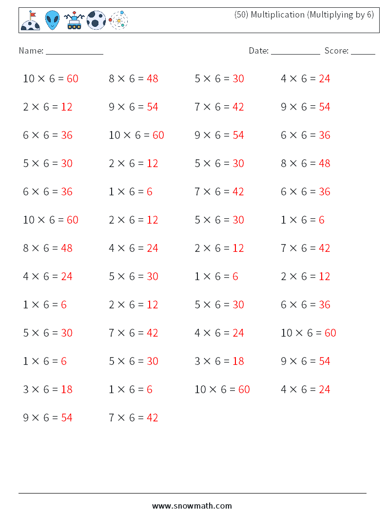 (50) Multiplication (Multiplying by 6) Math Worksheets 8 Question, Answer