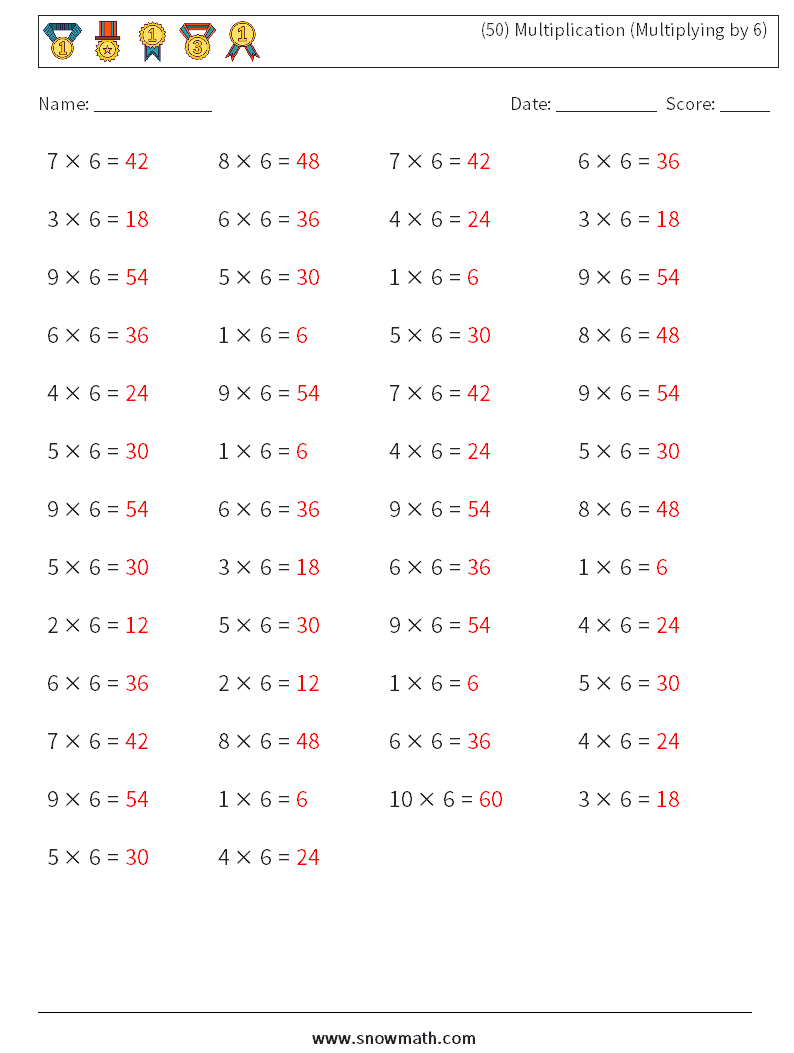 (50) Multiplication (Multiplying by 6) Math Worksheets 9 Question, Answer