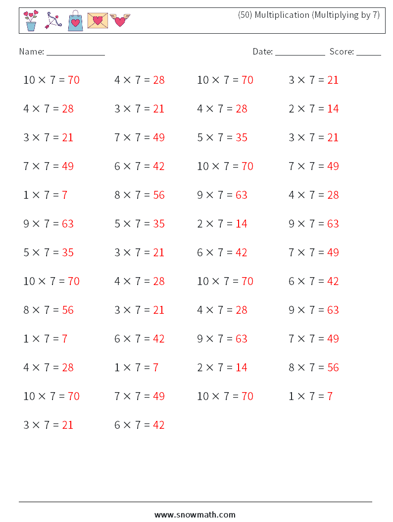(50) Multiplication (Multiplying by 7) Math Worksheets 1 Question, Answer