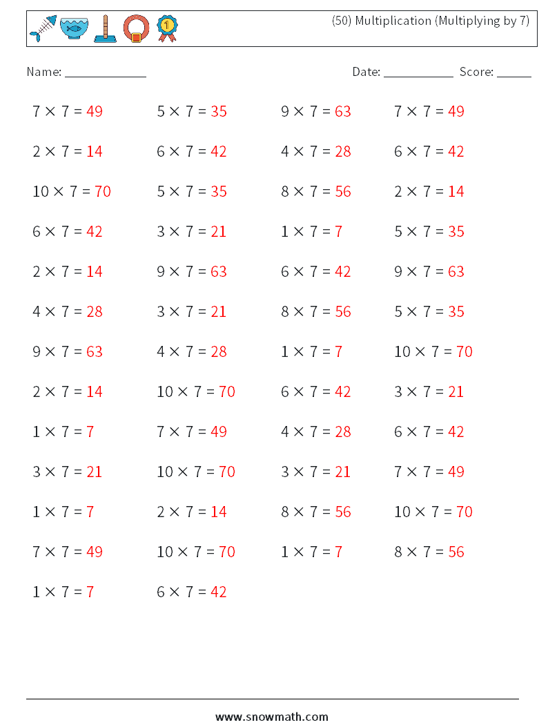 (50) Multiplication (Multiplying by 7) Math Worksheets 2 Question, Answer