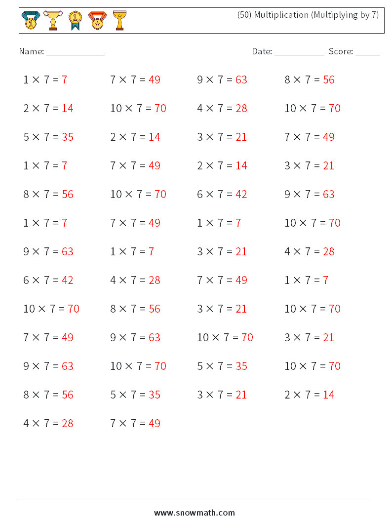 (50) Multiplication (Multiplying by 7) Math Worksheets 3 Question, Answer