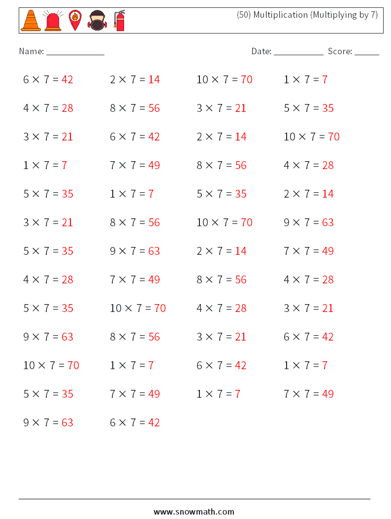(50) Multiplication (Multiplying by 7) Math Worksheets 4 Question, Answer